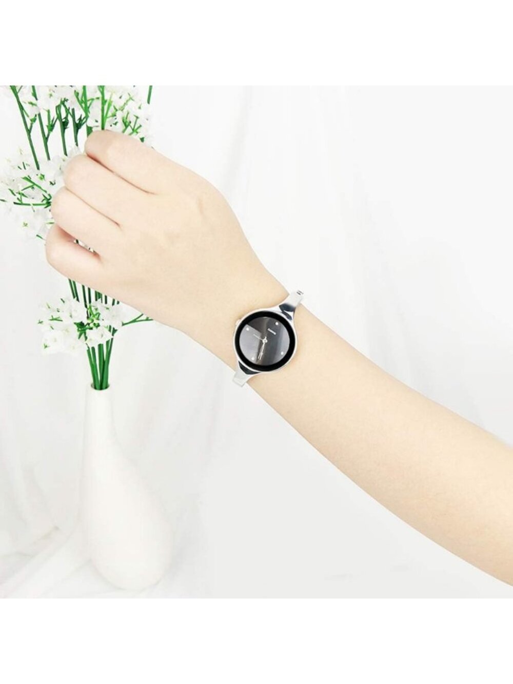 Women's Black Stainless Steel Bangle Quartz Analog Bracelet Stylish Wrist Watch - Picture 2 of 7